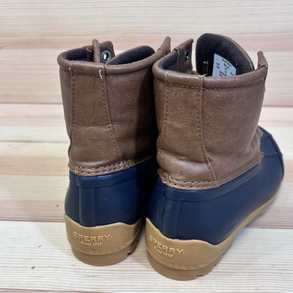 Sperry Boys Kids Port Boots Brown And Navy Sz 1 Youth Waterproof Rain Boots